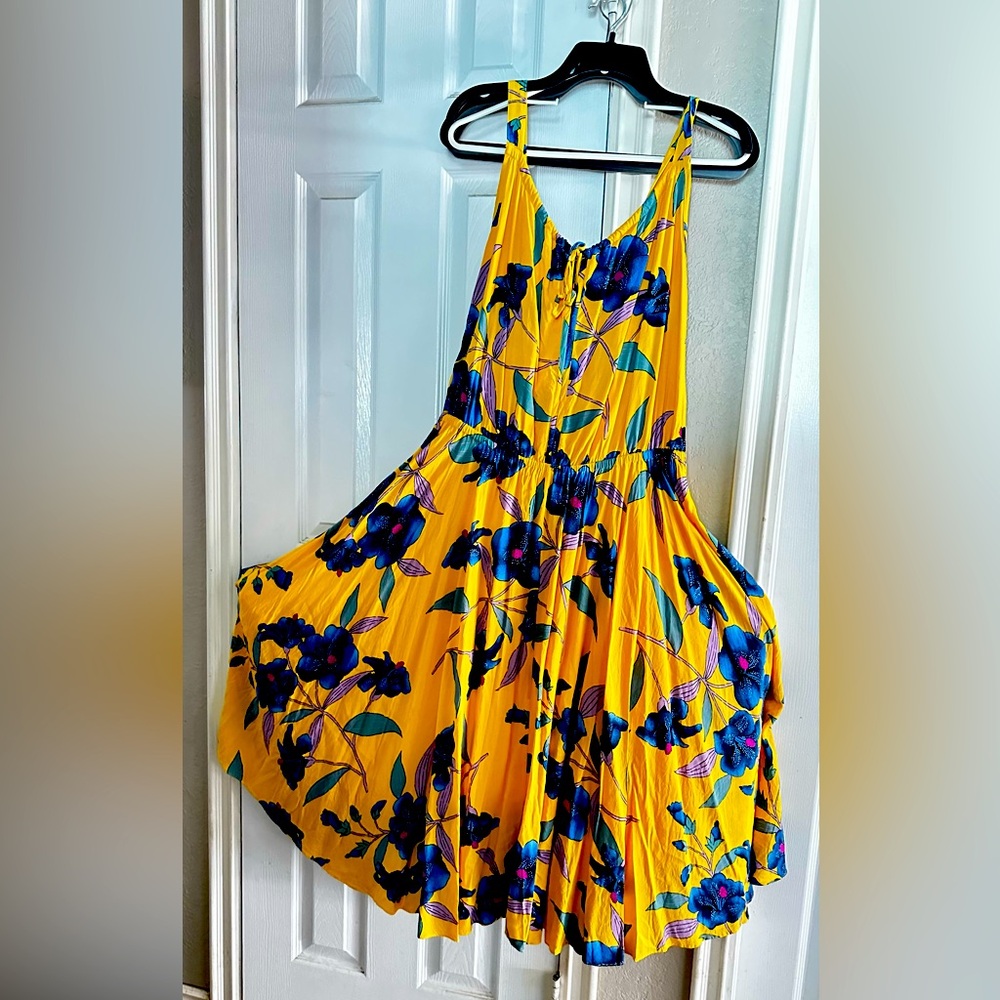 For The Republic - colorful yellow with blue flowers 1X maxi dress